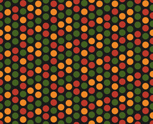 Bright Abstract Geometric Seamless Pattern With Circles, Dots In Traditional African Colors Red, Yellow, Green On Black Background. Ditsy Backdrop For Kwanzaa, Black History Month, Juneteenth Design