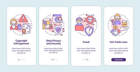 Online entrepreneurship risks onboarding mobile app page screen. Data privacy walkthrough 4 steps graphic instructions with concepts. UI, UX, GUI vector template with linear color illustrations