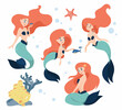 © LiLIIA - Vector illustration of a cute mermaid in different poses. A fabulous cartoon-style character on a white background.