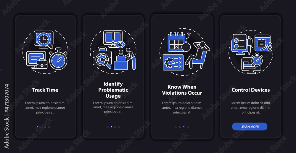 Benefits of employee monitoring dark onboarding mobile app page screen ...