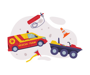 Wall Mural - Rescue Equipment with Specialized Machine and Emergency Vehicle for Urgent Saving of Life Vector Illustration