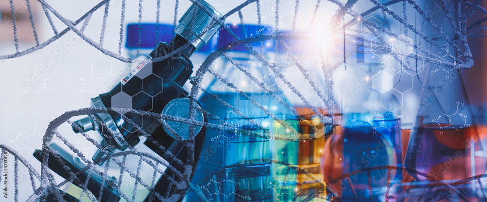 Double exposure-microscope in laboratory with test tube and dna helix ...