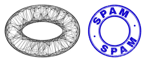 Canvas Print - Net irregular mesh torus icon, and Spam rubber round seal print. Abstract lines form torus illustration. Blue seal contains Spam title inside round form.