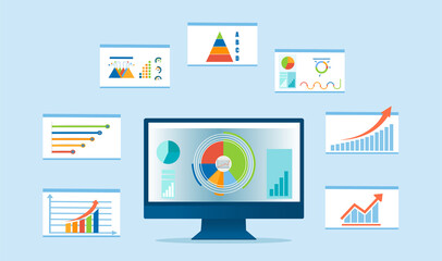 Wall Mural - vector of a desktop computer with multiple financial graphs and charts