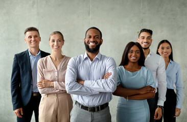 Multiethnic Business Team. Group Of Confident Multicultural Colleagues With Black Male Boss