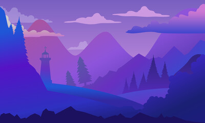 Purple landscape with a vector gradient to blue. Sunset, mountains, hills, lighthouse, forest, trees, rocks, clouds. Illustration for backgrounds and templates.
