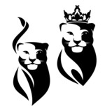 Fototapeta  - african lioness wearing royal crown black and white vector outline portrait - queen animal head simple monochrome design set