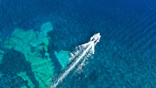 Aerial Photo Of Luxury Sail Boat Anchored In Tropical Caribbean Rocky Turquoise Colour Seascape