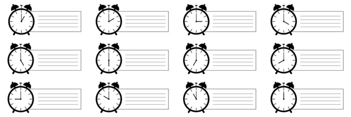 Wall Mural - set of alarm clock icon notifying each hour with short note isolated on white,vector illustration