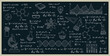 Chemistry science formulas with images of tools and experimental equipment on a blackboard.