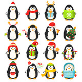 Fototapeta Pokój dzieciecy - Different funny cartoon penguins collection, vector illustration. Set of characters with Christmas tree and garland, gift and sweet candy, in warm clothes