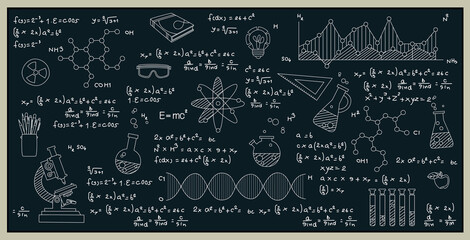 Wall Mural - Chemistry science formulas with images of tools and experimental equipment on a blackboard.