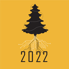 Digital New Year 2022, Christmas tree with roots from computer board on yellow background, vector illustration. Concept for card, banner, mail, for the IT sphere, holiday for web developers