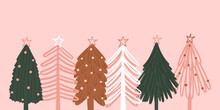 Modern Bohemian Christmas Tree Collection Isolated On Pink Background. Messy And Irregular Trees. Hand Drawn Doodle Style Vector Illustration For Cards, Gifts, Banners, Etc.