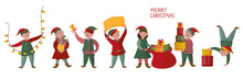 Vector Set Of Funny Cartoon Elves With Gifts. Little People. Santa's Helpers. Merry Christmas Banner