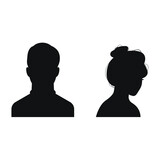 Fototapeta  - Black silhouette of a woman and a man. Head, neck, shoulders. Full face and profile. Vector illustration, flat minimal design, isolated on white background, eps 10.