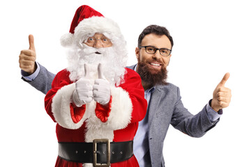 Poster - Happy bearded man behind santa claus showing both thumbs up