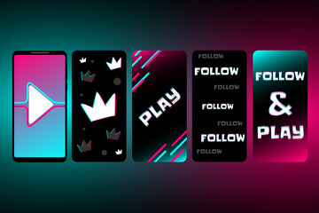 Wall Mural - Design concept with smartphones in the style of social networks. Follow & Play - basic social network expressions. Mobile app template.