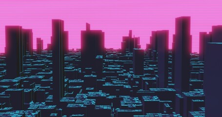 3D CGI rendered illustration. Retro anime inspired dark city at night skyline with buildings, skyscrapers and digital pink neon sky. This image is Non-ai generated.