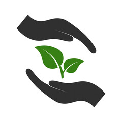 leaf, sprout between hands, in hands, logo icon design with white background and simple style. A symbol of life, protection and care