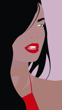 Girl With Black Long Hair. Vector Flat Image Of A Young Lady With Red Lips In A Modern Style. Design For Posters, Backgrounds, Avatars, Templates, Textiles.