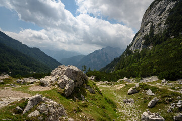 Wall Mural - View of Julian Alps mountains near Kranjska Gora in Triglav national park on a cloudy day, Slovenia