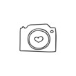 Vector illustration in doodle style. Photo camera icon with heart