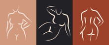 Minimalist Brush Stroke Art Of Woman Body. Curvy Girl Silhouette In Line Art Style. Nude Abstract Female Drawing. Modern Bohemian Vector Illustration For Print Or Design