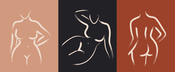 Minimalist brush stroke art of woman body. Curvy girl silhouette in line art style. Nude abstract female drawing. Modern bohemian vector illustration for print or design