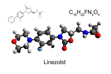 Wall Mural - Chemical formula, structural formula and 3D ball-and-stick model of synthetic antibiotic linezolid, white background