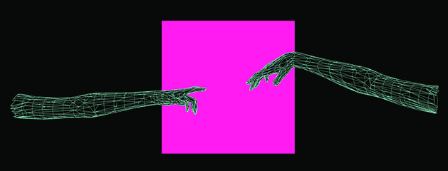 Aufkleber - Vector 3D model of low poly hands. Cyberpunk and vaporwave style art collage.