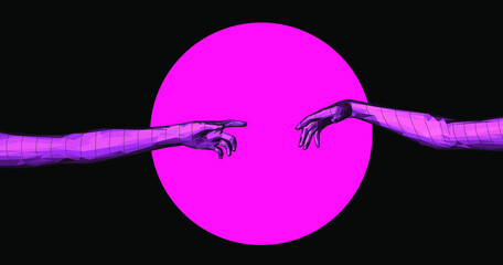 Aufkleber - Vector 3D model of low poly hands. Cyberpunk and vaporwave style art collage.