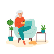 Elderly Gray-haired Woman Working On Laptop. Concept Of Active Seniors, Retirees Of Using Modern Technologies. Remote Work From Home, Training, E-learning. Isolated Flat Vector Illustration
