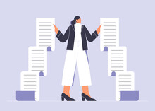 Business Woman In A Suit Holding A Long Sheet Of Paper. Businesswoman With A Big Checklist, To Do List, Document With Tasks. Busy Female Person Concept. Isolated Flat Vector Illustration