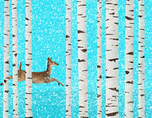 A White Tail Deer Is Seen Running Among Paper Birch Trees During A Snowstorm In This 3-d Illustration.