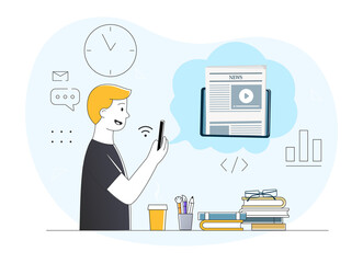 Wall Mural - Reading news on smartphone concept. Young man holding phone in his hands and reading new information in digital newspaper. Employee interested in events in world. Cartoon flat vector illustration