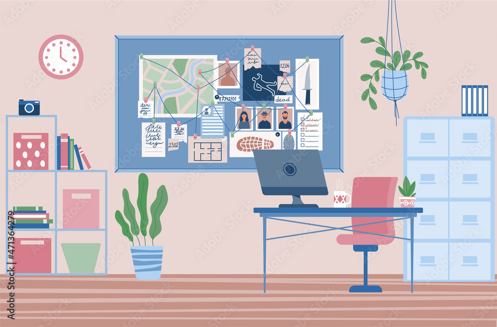 Detective office interior concept. Workspace for police officer. Table ...