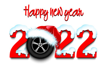 Happy new year. Snowy numbers 2022 with car wheel in a Christmas hat. Original template design for greeting card, banner, poster. Vector illustration on isolated background