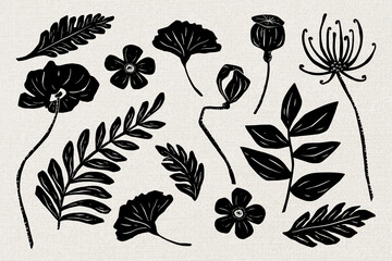 Wall Mural - Black flowers psd linocut hand drawn floral collection
