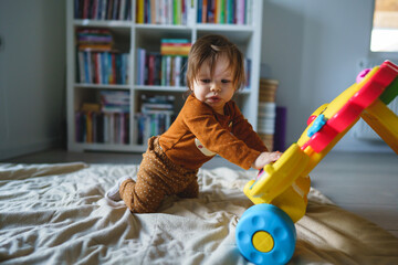 Wall Mural - One small caucasian baby six or seven months old playing with toy on the floor at home in room alone - baby girl having fun examining new toy growing up real people concept copy space front view