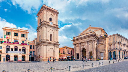 Beautiful summer view of Lanciano Cathedral and famous historical place - Ponte di Diocleziano. Captivating morning cityscape of Lanciano town, Italy, Europe. Traveling concept background.