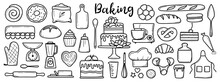 Isolated Baking Set. Cute Hand Drawn Kitchen Tools And Baked Goods With Desserts. Vector Illustration In Black Outline And White Plane On White Background.