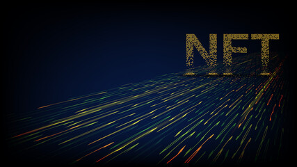 Wall Mural - ntf non fungible token from crumbled falling golden cubes standing on the flowing digital stream. pa