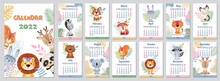 Stylish 2022 Yearly Calendar Design With Wild Animals With Wreath And Flowers On White