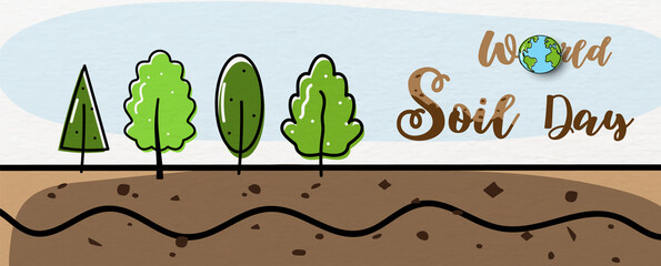 Poster - Landscape of different trees grow in ground and draw in flat style with wording design of world soil day on blue brush and white paper pattern background. Poster's campaign of world soil day in vector