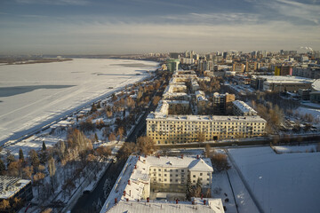 Wall Mural - Scenic aerial view of geography center of ancient historic touristic city Samara in Russian Federation. Beautiful winter sunny look from above to downtown
 of old big city in Russia 