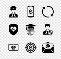 Wall Mural - Set Graduate with graduation cap, Smartphone dollar, Refresh, Shopping basket laptop, Target and Mail and e-mail icon. Vector