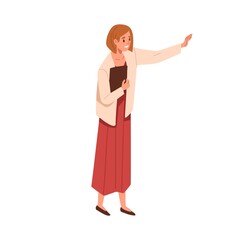 Wall Mural - Person introduce, show and present smth. Business speaker standing with clipboard and pointing direction, gesturing with arm. Female presenter. Flat vector illustration of teacher isolated on white