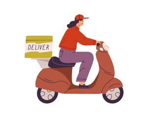 Wall Mural - Woman courier driving scooter with delivery box. Deliverywoman riding moped. Person delivering food and goods on motorbike. Female on motor bike. Flat vector illustration isolated on white background