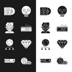 Poster - Set Computer keyboard, Virtual reality glasses, CD or DVD disk in box, Skull, network, Diamond, Coin for game and Video console icon. Vector